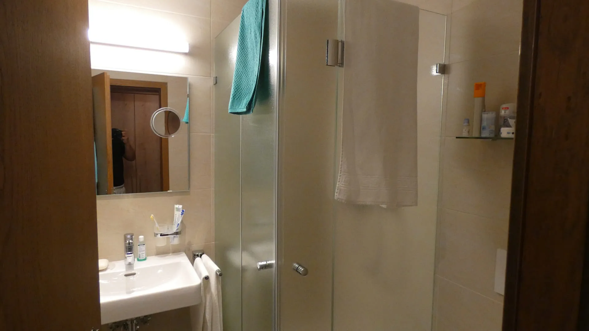 Badezimmer mit Dusche, Waschbecken und Spiegel