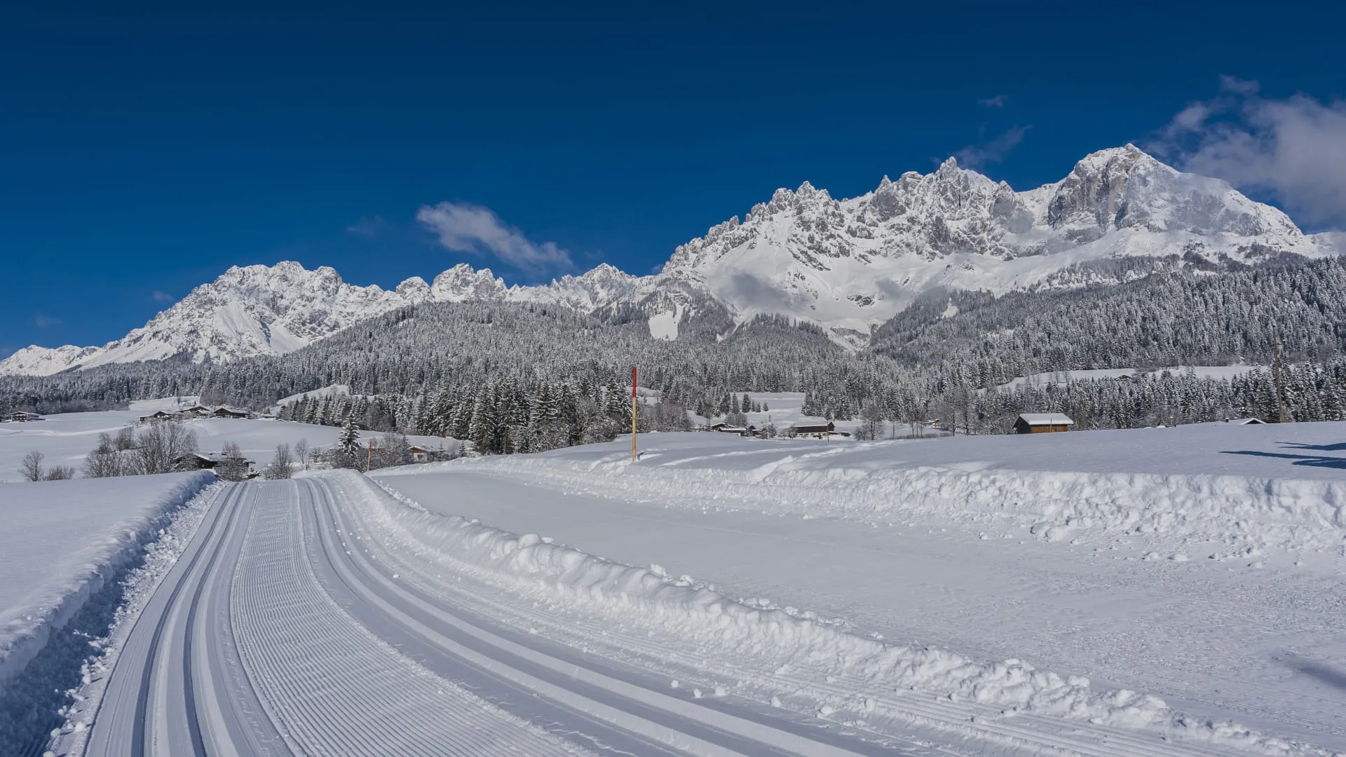 Schneebedeckte Loipe mit Bergen im Hintergrund und strahlend blauem Himmel